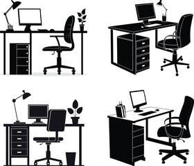 Home office workspace icons set &ndash; computer desk, ergonomic chair, lamp and plant, modern workstation vector