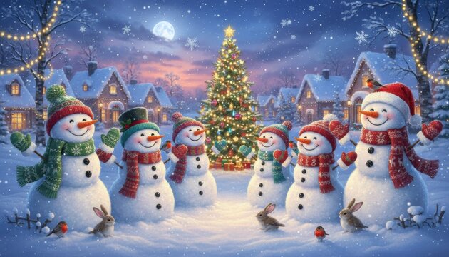 Joyful snowman circle celebrates Christmas in a snowy village square in northern Europe under a moonlit winter sky symbolizing unity and holiday wonder - Powered by Adobe