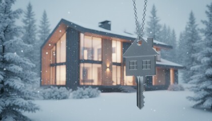 Modern glass cabin in snowy forest with hanging house key symbol of winter holiday home purchase real estate dream and new beginning
