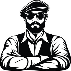 Confident man with beard and sunglasses stands with crossed arms in monochrome style