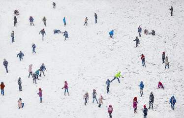 Snow Winter Children without recognizable faces Playing in the school yard