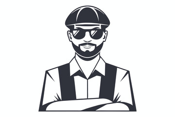 Confident man with hat and sunglasses stands with arms crossed in solid color