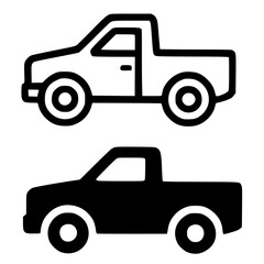Icon, pickup truck illustration, black and white, outline and silhouette
