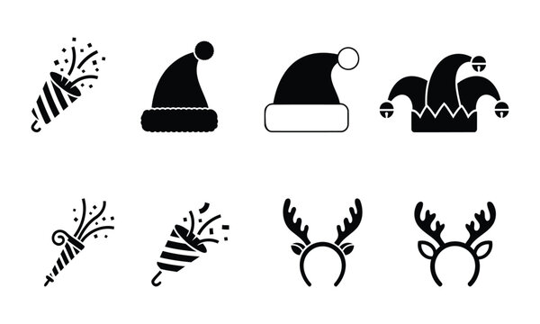 Santa hat jester cap silhouette icons. party popper and reindeer antler headband