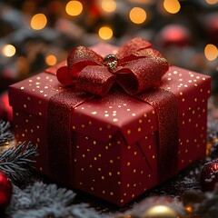 Festive red christmas present with gold dots and ribbon holiday gift giving season celebration joy