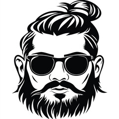 Black and white monochrome portrait showcases a bearded man with a top knot hairstyle
