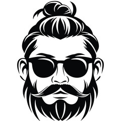 Black and white bearded man with stylish bun and sunglasses is looking forward