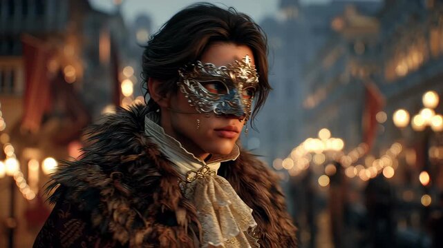 Man in masquerade mask with ornate costume by illuminated buildings and people at night, historical festivity footage.