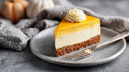 Pumpkin cheesecake slice on grey ceramic plate with silver fork, cozy tones
