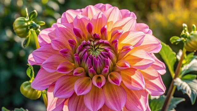 Close up of a vibrant pink and yellow dahlia flower in full bloom with green leaves and buds in the background.
