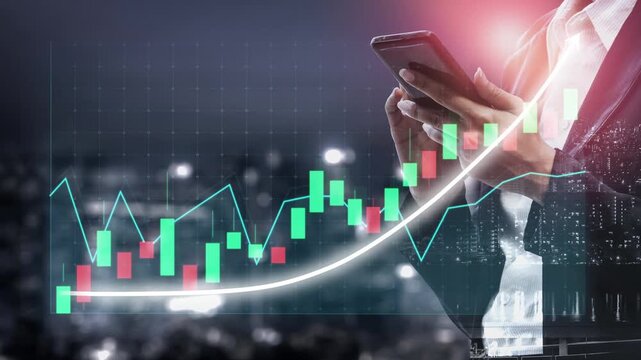 A focused business professional reviews stock market trends using a smartphone, surrounded by abstract graphs and data visualization against a cityscape backdrop. Copula - Powered by Adobe
