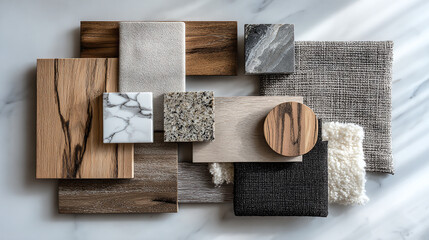 A curated collection of design materials, showcasing various textures and patterns. Including wood samples, stone, and fabric swatches, creating a harmonious palette