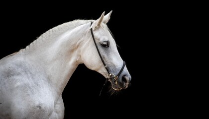 Portrait Of A Beautiful White Arabian Horse On Black Background Isolated