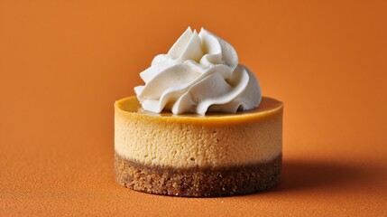 Small pumpkin cheesecake on matte orange surface, clean modern layout