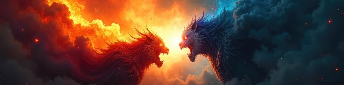 Close-up shot of two powerful, clashing forces of light and shadow, representing a dramatic, epic vision fight Abstract concept depicting conflict, struggle, and opposing energies , force, vision