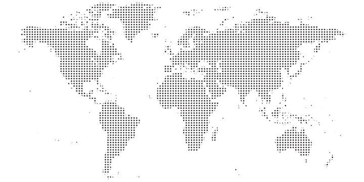 Dotted world map with continents formed by small black circles on white.