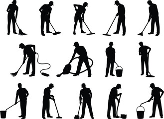 Obraz premium Cleaning worker silhouettes set, janitor sweeping mopping vacuuming vector icons, sanitation service, industrial cleaning staff poses, housekeeping silhouette flat collection
