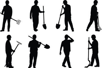 Obraz premium Construction worker silhouette collection, labor men with shovel and rake tools, builder working poses, black safety helmet vector illustration set