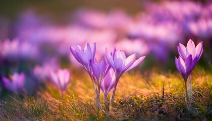 Purple Flowers Of Autumn Crocus On The Meadow Colchicum Autumnale