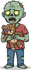 Zombie child with teddy bear, spooky cartoon character, stitched toy design, creepy cute theme, Halloween vector art, flat illustration