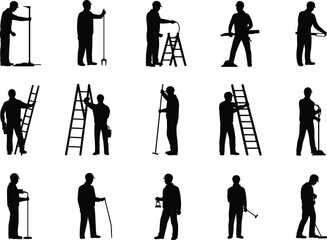 Maintenance worker silhouettes, handyman and construction tool operators set, repair and installation staff, professional industrial service people black vector collection