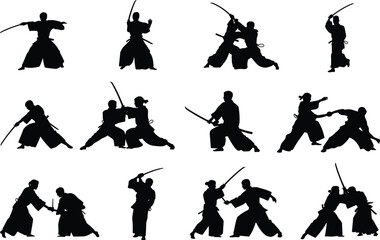 Obraz premium Samurai sword fighting silhouettes set with katana duel martial arts warriors combat action poses traditional Japanese combat vector illustration collection