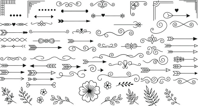 Collection of hand drawn arrows and decorative dividers for creative design projects