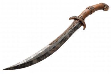Medieval rusty scimitar with curved blade, isolated on transparent background, ancient weapon design, detailed realism