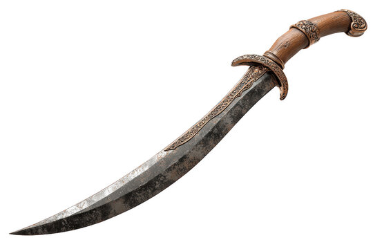 Medieval rusty scimitar with curved blade, isolated on transparent background, ancient weapon design, detailed realism