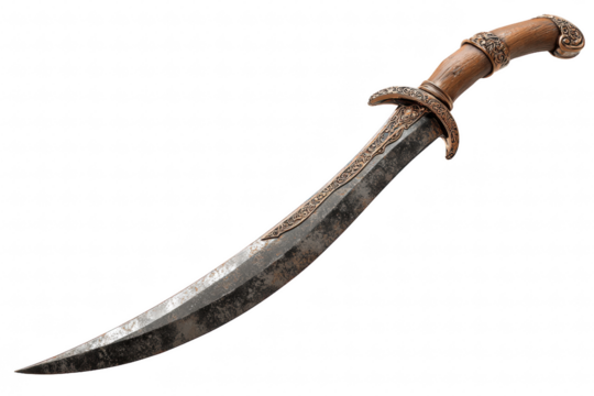 Medieval rusty scimitar with curved blade, isolated on transparent background, ancient weapon design, detailed realism