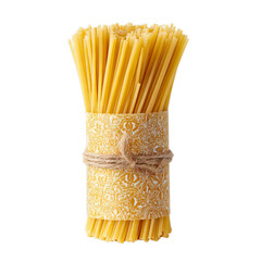 Spaghetti bundle in decorative paper sleeve. Isolated white background. Png format