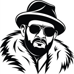 Bold portrait of a man wearing a hat and fur coat in monochrome