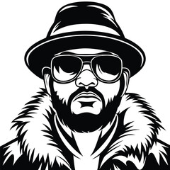 Confident African man in sunglasses and fedora wears an elegant fur coat