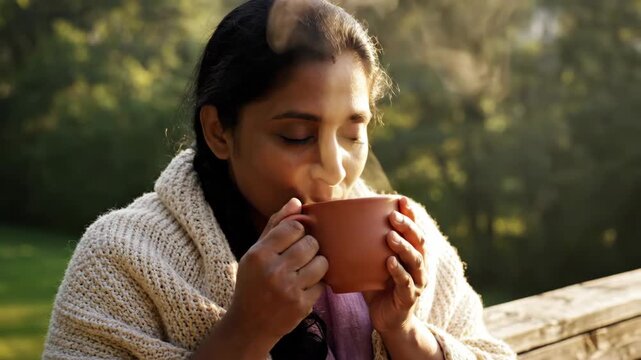 serene south asian woman wrapped in cozy blanket enjoys hot, steaming drink outdoors. peaceful moment of relaxation, comfort, and self-care in morning. glamping rest