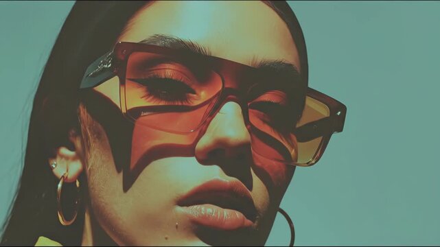 Woman posing in oversized orange sunglasses with retro VHS filter. 80s 90s fashion aesthetic sequence on teal background. Nostalgic style video clip of head turns and glances.