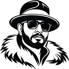 Man wearing hat and sunglasses with fur collar coat stands stylishly