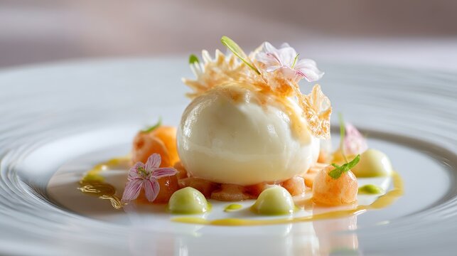 This elegant, molecularly crafted dessert, beautifully plated, epitomizes haute couture in culinary art. 