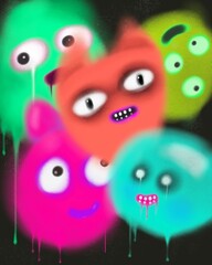 A whimsical illustration featuring hilarious, amorphous characters brought to life with vibrant, playful energy against a dark background. 