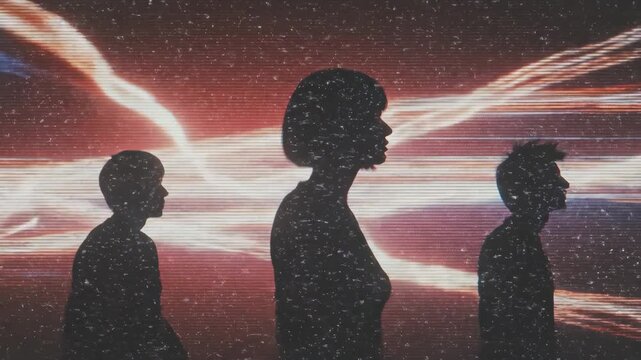 Silhouetted man and woman dancing with glowing neon trails in retro motion. Two men join in synchronized dance sequence evoking 80s synthwave vibe. VHS aesthetic video of figures moving in dark space