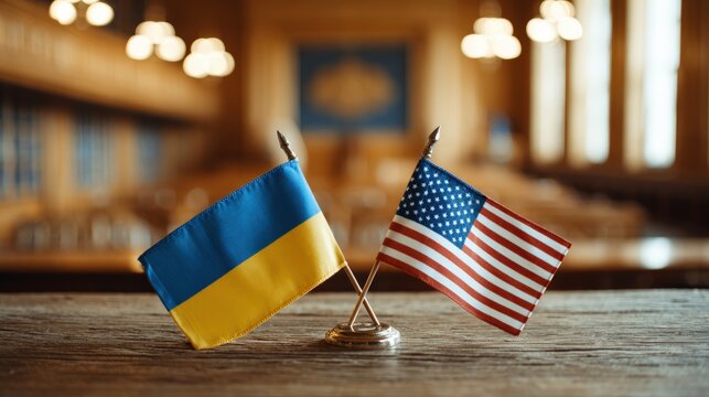 Ukraine and USA Flags on Wooden Podium in Academic Auditorium