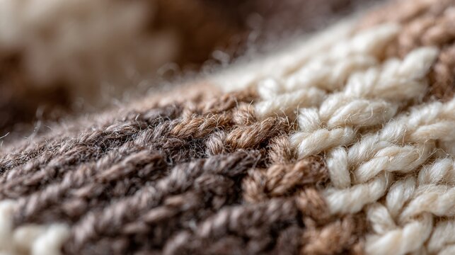 A close-up of knitted wool texture in brown and cream shades, cozy tactile pattern