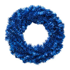 Blue glossy tinsel wreath ring. Isolated white background. Png format