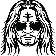 Black and white shows a man with long hair wearing sunglasses
