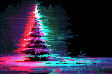 Glitchy pixelated Christmas tree with neon magenta and cyan light on dark digital background