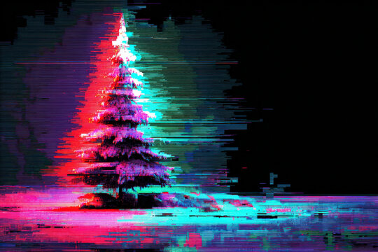 Glitchy pixelated Christmas tree with neon magenta and cyan light on dark digital background
