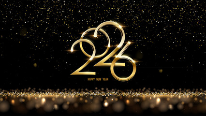 2026 Happy New Year greeting card vector background. Luxury festive sparkle holiday postcard, invitation, banner. 2026 golden numbers with falling confetti and glow light effects on black.