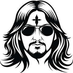 Black and white depicts a bearded man wearing sunglasses and a cross above