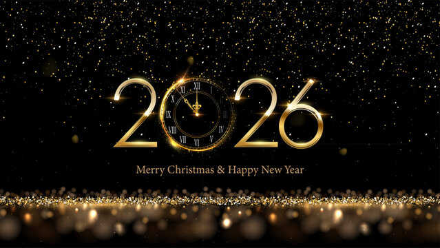 2026 Happy New Year greeting card vector illustration. Festive Christmas social media banner. 2026 clock countdown background. Elegant golden numbers with clock and glitter on black backdrop.