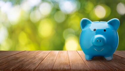 Blue Piggy Bank On Wooden Table Over Blurred Green Bokeh Background Saving Money Concept