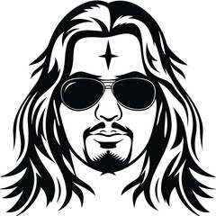 Cool confident man with long hair and sunglasses shows a star above his eyes